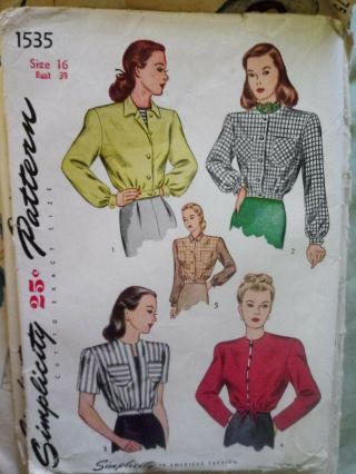 Vtg 40s 50s Sewing Pattern Simplicity 1535 Bobby Soxer Top Shirt Jacket B 34 Ff