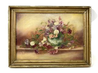 Antique Shabby Romantic 1861 Roses Still Life Oil Painting Chippy Frame