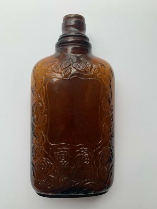Vintage 8” Four Roses Whiskey Bottle 8”x4” Amber Brown Glass Embossed With Roses