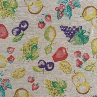 Vintage Tablecloth Rayon Crepe (?) White W/ Fruits Apple Cherries Plums Grapes