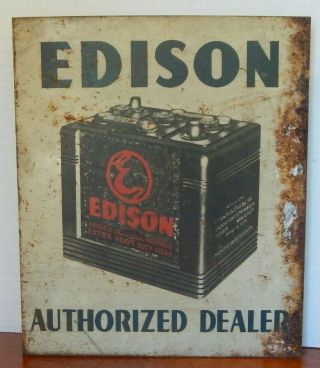 " Rare " Thomas Edison Battery Authorized Dealer 2 Sided Metal Sign