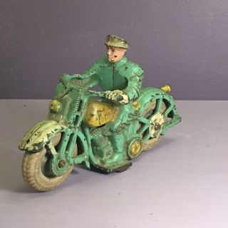 Antique Vintage Cast Iron Man On Motorcycle Marked Patrol With White Wheels