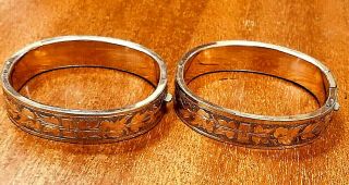 Pair Antique Victorian Gold Filled Hinged Bangle Bracelets Brides Wedding