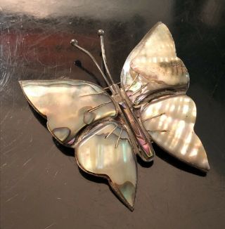 Large Vintage Mexico 925 Sterling Silver & Abalone Shell Butterfly Brooch Pin