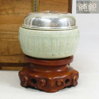 A797: Chinese Incense Burner Of Old Blue Porcelain With Pure Silver Lid,  Stand