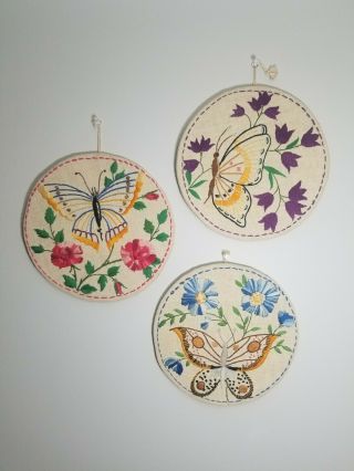 Vintage Butterfly Butterflies Crewel Hand Stiched Wall Hanging Set Of 3 Finished