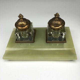 Vintage Ornate Brass Mounted Green Onyx Stone Base Desk Double Inkwell Nr Sjs
