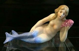 Bisque Mermaid Bathing Beauty Doll Nude With Pink Seashell Germany