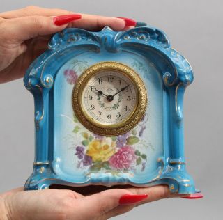 Miniature Antique Victorian Ansonia Royal Bonn Glory Painted Porcelain Clock Nr