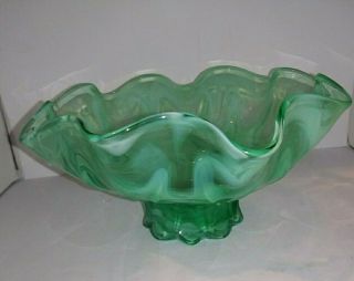Vintage Art Glass Milk Glass Green White Swirl Candy Dish / Bowl