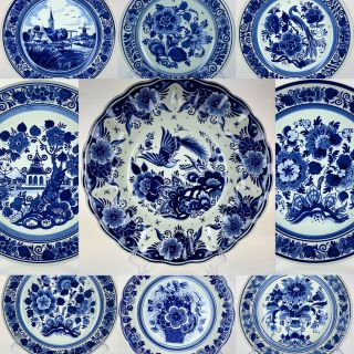 Vintage Royal Delft Blue Blauw Holland Hand Painted Floral Wall Plates