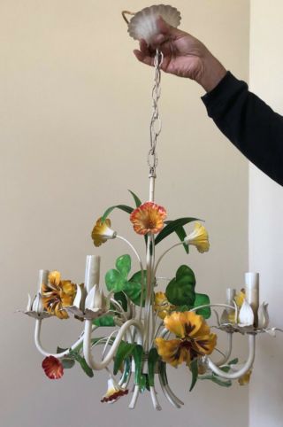 Vintage Mid - Century Italian Tole Floral Five Arm Chandelier
