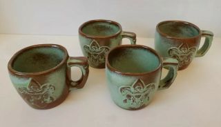 4 Set Vintage Prairie Green Frankoma Pottery Mug 5c Mid Century Fleur - De - Lis