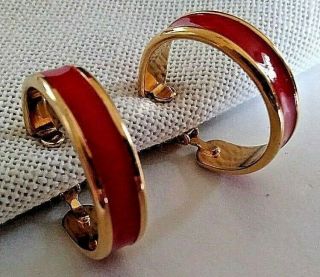 Vintage Red Enamel In Gold Tone Clip Hoop Earrings Signed Trifari