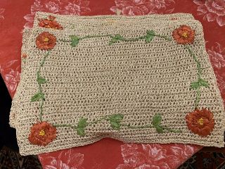 Set Of 6 Vintage Woven Straw Place Mats W/ Raised Flowers Leaves