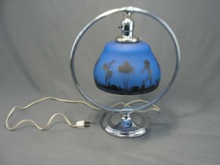 Rare Art Deco Chrome Chase Table Lamp Blue Satin Glass Shade Dancing Nymphs