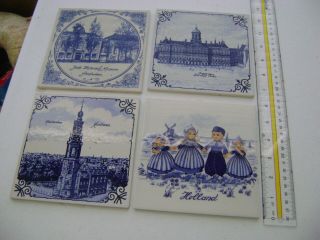 4 Vintage Delft Blue & White Hand Painted Tile Made In Holland - Mosa Amsterdam