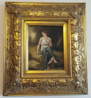 Vintage Oil On Wood " Lady In The Garden " Framed In Gold Gilt Gesso Frame