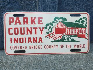 Old Parke County In Covered Bridge License Plate Tin Sign Green Back