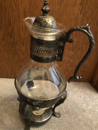 Vintage Silver - Plate And Glass Coffee Carafe With Stand And Candle