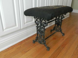 Vtg Ornate Antique Victorian Cast Iron Bench Chair Roses Tapestry Gothic Faces