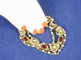Vintage Ornate Gold Tone Faux Pearl & Red Rhinestones 3 Strand Bracelet 7 Inch