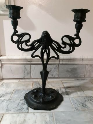 Art Nouveau Candelabra Cast Iron Woman Hair Candlestick Gothic Victorian Deco