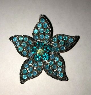 3470 Vintage Dark Gray Metal Blue Ab Rhinestone Figural Flower Brooch Pin