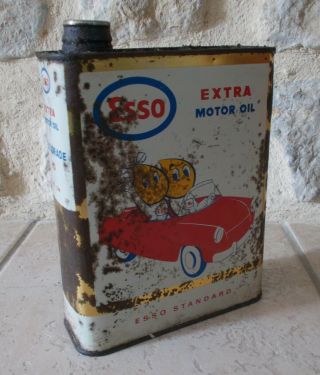 Vintage France French Oil Can Tin Esso Extra Auto Old 2 L White Gold 5