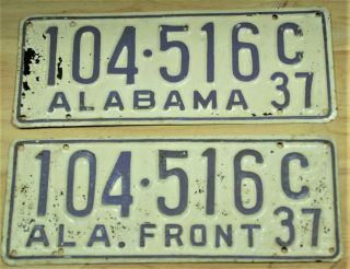 1937 Pair Front And Back Alabama License Plate Auto Car Vehicle Tag Item 1976