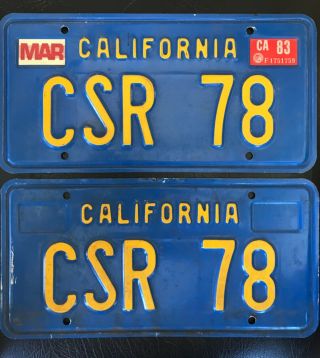 Vintage California Blue Yellow Vanity License Plates Matching Pair Csr 78