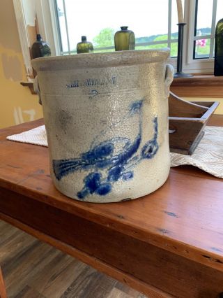 Antique Blue Bird Decorated Stoneware Crock Whites Utica N.  Y.