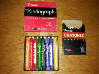 2 Boxes Vintage Prang Kindograph Pressed Crayons Jumbo Hexagon & 16ct Regular