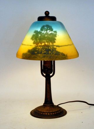 Antique Moe Bridges Reverse Painted Boudoir Lamp With Wooded Scene