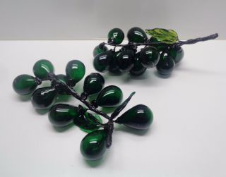 2 Vintage Murano Style Art Glass Long Dark Green Glass Grape Bunches