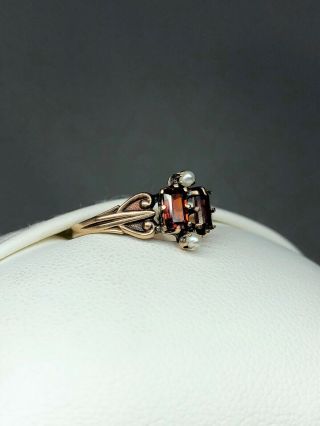 Victorian Antique 10k Garnet Seed Pearl Ring Rose Gold Size 8