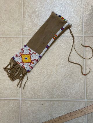 Vintage Or Antique Beaded Native American Beaded Leather Pipe Bag.