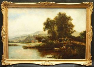 William Langley 1853 - 1922 Figures Fishing On A Punt Signed Antique Oil Painting