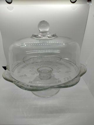 Vintage 11 " Glass Pedestal Cake Stand With Glass Dome Lid