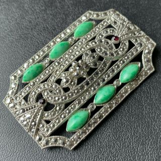 Vintage Art Deco 1930s Silver Tone Marcasite Ruby Flower Green Brooch Pin 614