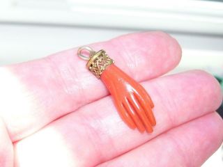 Rare Antique Georgian Carved Coral Hand W Gold Lace Cuff Fob Chain Pendant