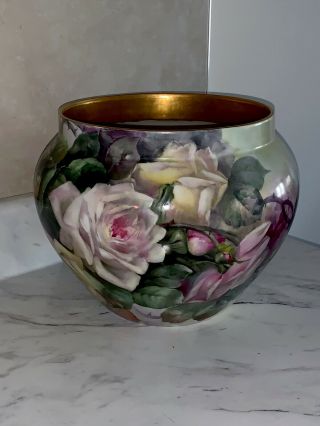 Antique T&v Limoges France Hand Painted Roses Gold Rim Large Bowl Cachepot
