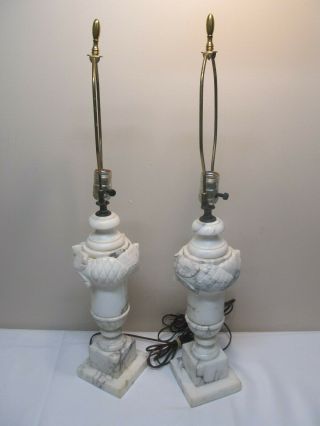 Gorgeous Carved Floral Antique Italian Alabaster Marble Table Lamps