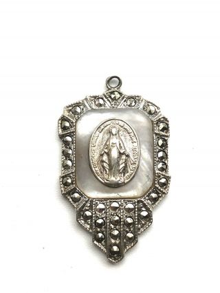 Vintage Ann Gale Sterling Miraculous Virgin Mary Marcasite & Mop Medal Pendant