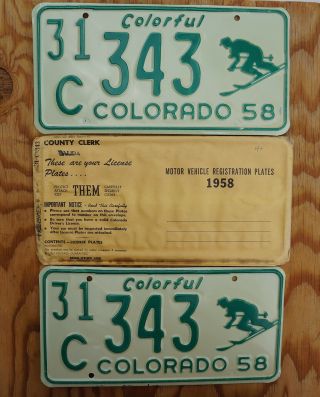 1958 Colorado Skier License Plate Pair / Set - Unissued Nos