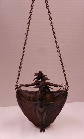 Antique Art Nouveau Bronze Figural Ladies Planter Hanging Basket Vase.  17 " Long