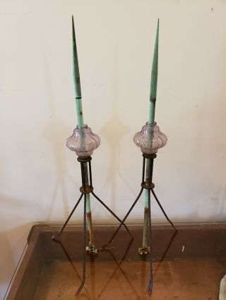 Vintage Lightning Rods W/pink Glass Balls Pair.  2pc