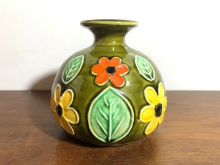 Vintage Brinns Ceramic Bud Vase Made In Japan Small Green Orange Flower Mcm 70s