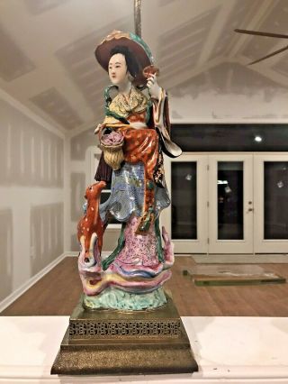 Antique Chinese Porcelain Statue Shoulao Magu Woman With Deer Lamp Large Old