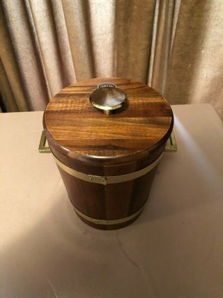 Vintage Mid Century Ice Bucket Vermillion Solid Walnut Wood Plastic Lined 8 1/2 "